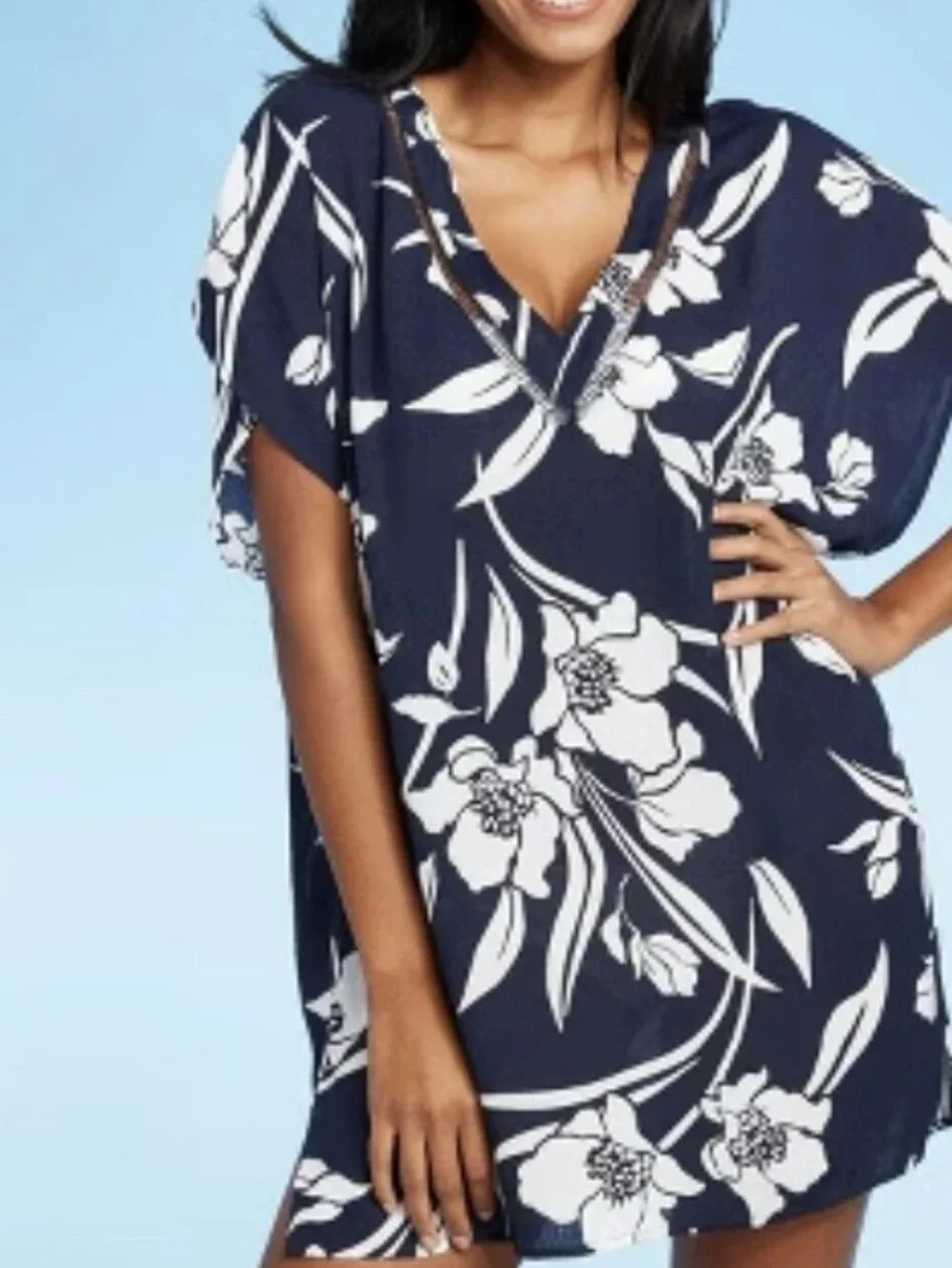 Kona Sol Navy and White Floral V-Neck Beach Cover- Up Size Large